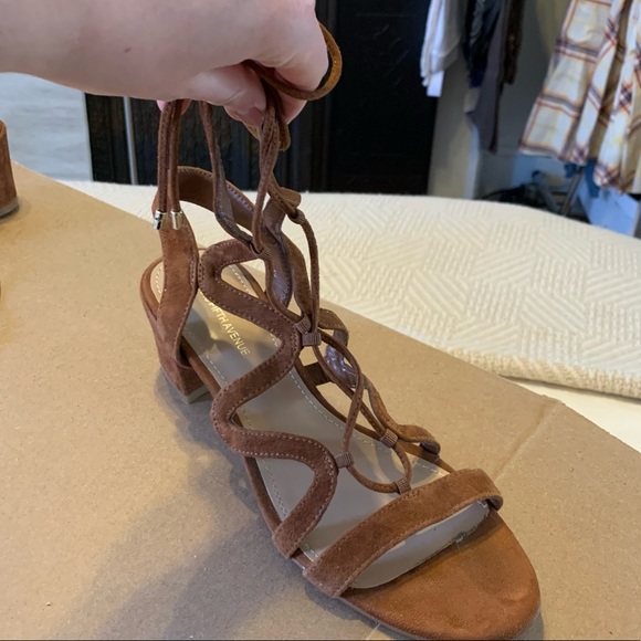 Saks Fifth Avenue Cognac Camel Brown Suede Lace Up Block Heel Sandals - 6.5 - Picture 8 of 16